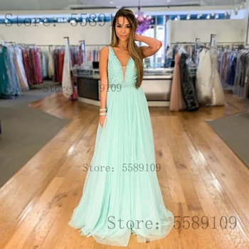 

Sofuge Mint Tulle Evening Dresses Prom V Neck Beads Pleat Vestidos De Fiesta De Noche Robe De Soiree