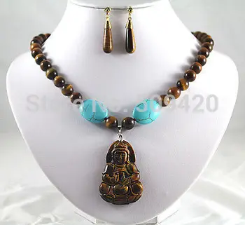 

Wholesale jewe217>>Charming turquoise tiger eye stone earrings necklace Guanyin lucky pendant set #@