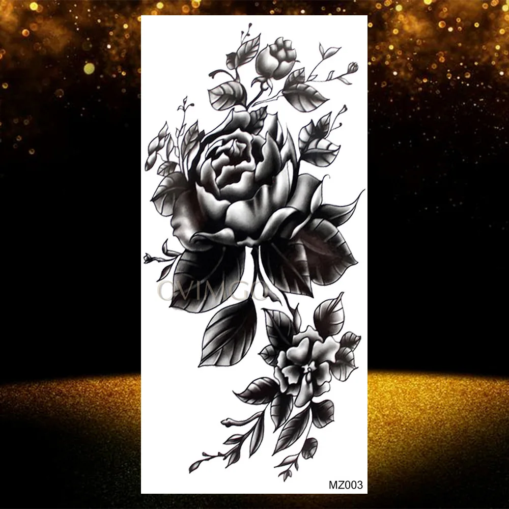 Rose Peony Flower Girls Temporary Tattoos Waterproof Black Tattoo Stickers Blossom Lady Shoulder Tatoos Leaf Branch Sexy Tatoos