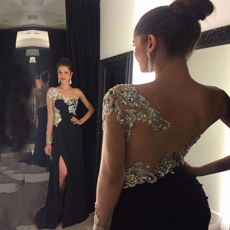 

Crystals Prom Dresses One Shoulder Beaded with Rhinestones Long Sleeves Chiffon Side Split Evening Gowns for Party Black