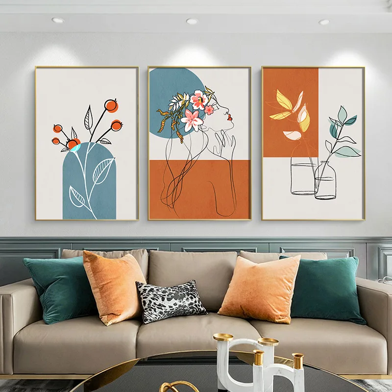 

Современная Абстрактная Картина на холсте, простой рисунок линий, с изображением цветов и лица в скандинавском стиле, художественный постер для стены, гостиной, украшение для дома