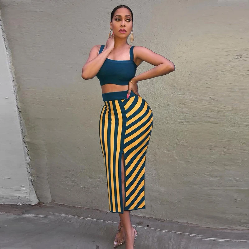 

2019 Summer New Style Sexy Striped Two 2 Pieces Outfit for women sexy high split spaghetti strap party clubwear dropshipping