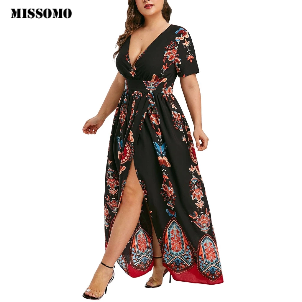 MISSOMO размера плюс 5XL платье женское с принтом бабочки с v-образным вырезом с коротким рукавом повседневное Длинное Макси платье Vestidos размера плюс женские платья