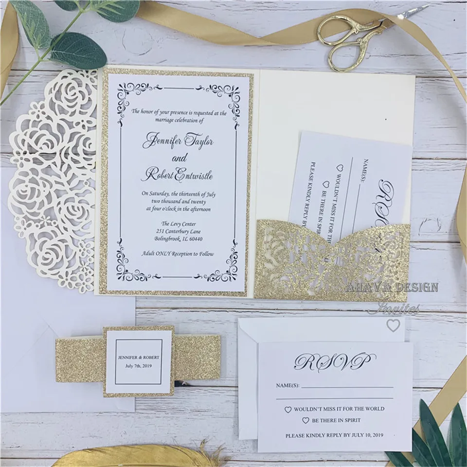  Glitter Silver Trifold Laser Wedding Invites with RSVP Card Belly Band And Tag With Monogram - 4.00048E+12