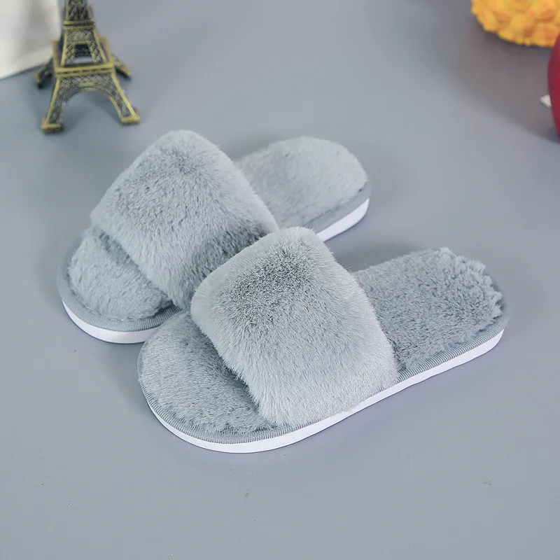 Зимние домашние тапочки для девочек и мальчиков; теплая детская обувь с искусственным мехом; нескользящие тапочки на плоской подошве для девочек и детей - Цвет: Grey