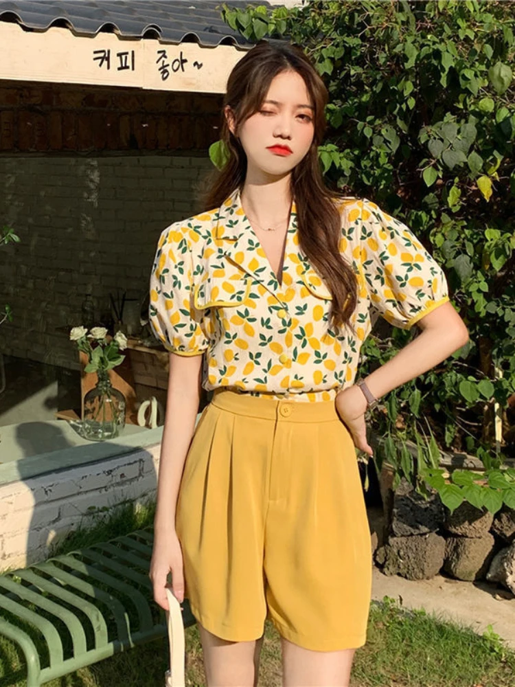 Short Sets Women Summer Printing Fashion All-match Vintage Puff Sleeve Korean Style Elegant Leisure Streetwear Female Outfits womens loungewear