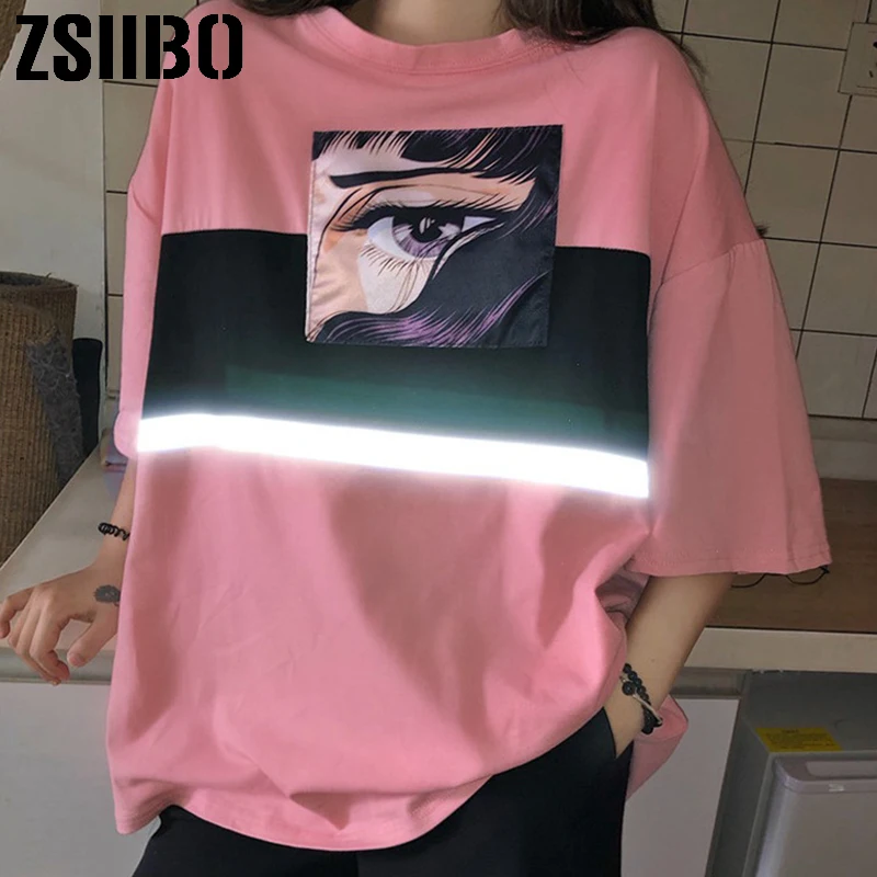 Женская уличная Футболка Harajuku свободная футболка с отражающим узором и коротким