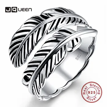 

JQUEEN 925 Sterling Silver Opening Ring Surrounded By Retro Feathers Ring for Women Wedding and Engagement AAA Quality