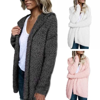 

Women Hot Autumn Women Solid Color Plush Hooded Cardigan Coat Winter Casual loose Fit Warm Sweater Coat Outwear