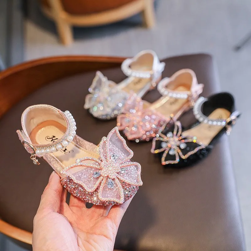 Fashion Style Baby Girl Bow Princess Shoes Pearl Rhinestone Butterfly Sandals For Girls Sequin Dance Performance Shoes For Kids