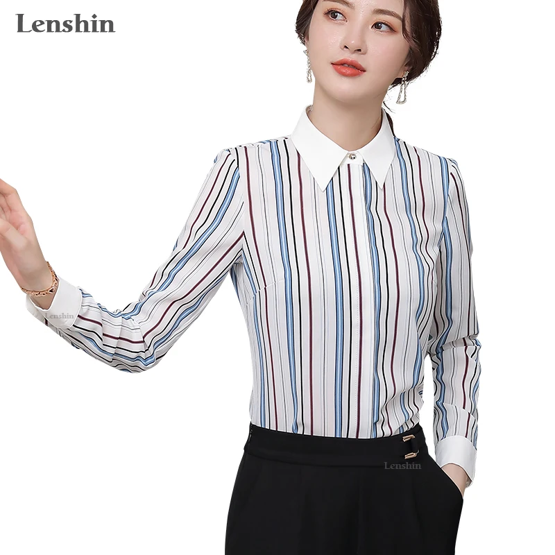 

Lenshin Color Stripe Shirts for Women High-quality Blouse Work Wear Office Lady Female Tops Chemise Loose style