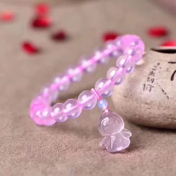 

1pc natural pink rose quartz crystal stone bracelet angel carvings statue bracelet 8mm for young ladies jewelry