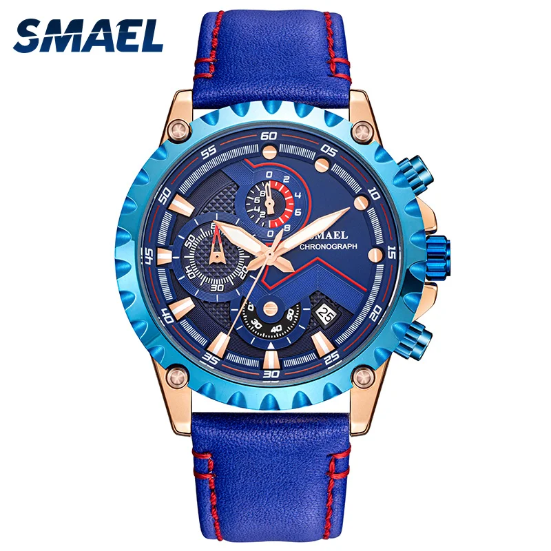Новые Smael часы рекреационные мужские кожаный ремешок модные повседневные SL-9006Waterproof износостойкие Стеклянные мужские кварцевые часы - Цвет: Blue