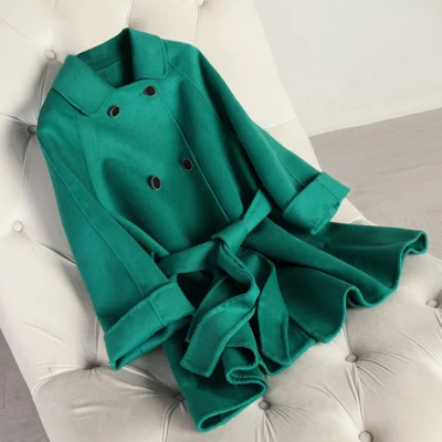 Peacock Green Женское шерстяное пальто осенне-зимнее женское пальто средней длины С Вырезанным воротником Верхняя одежда с поясом Корейская верхняя одежда Новинка - Цвет: Peacock Green