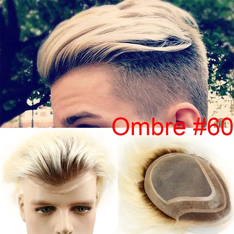 60 блондин человеческие волосы парик для Для мужчин подойдет как для повседневной носки, так прозрачный кружевной парик с кожей ПУ около 8X10 кружевной топ в европейском стиле Волосы remy Eseewigs - Парик Цвет: Ombre 60 Color
