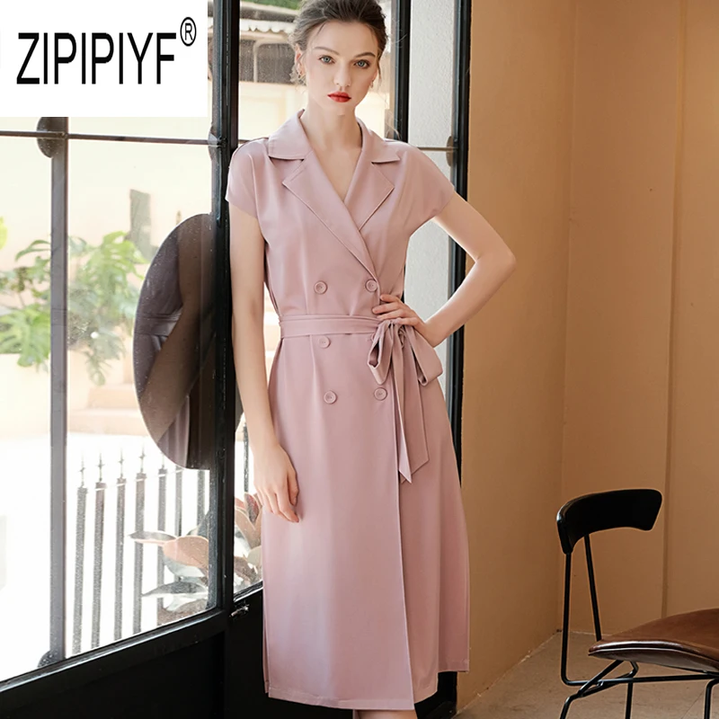 

Simple Design Fashion Women Trench Coats Double Breasted Short Sleeve Bow Bandage Design Long Coats Office Lady Trenches Z2303