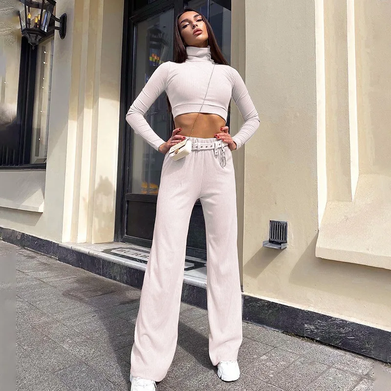 

Fashion Long-sleeved High-neck Wide-leg Pants Suit Sexy All-match Solid Color Slim Long-sleeved Trousers Two-piece Female