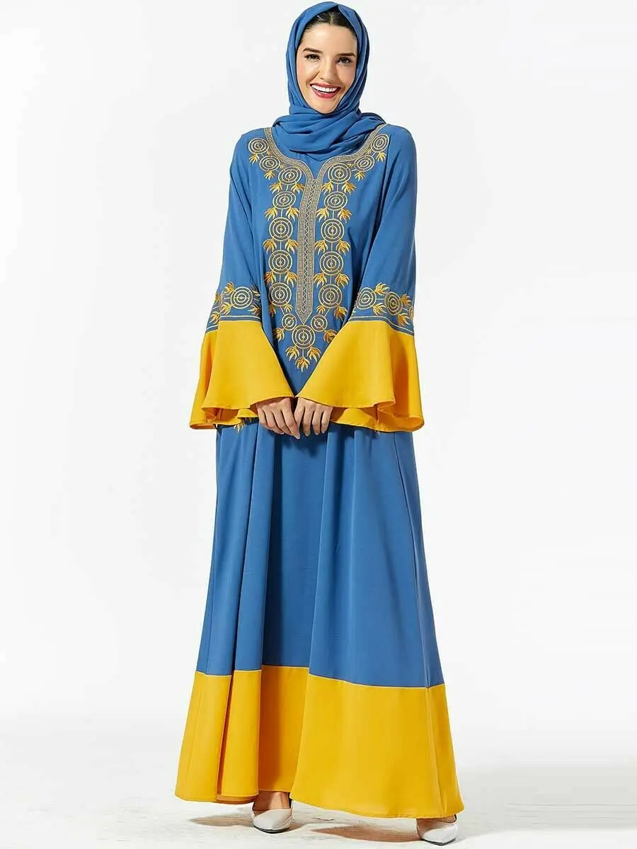 Ethnic Embroidery Abaya Muslim Women Maxi Dress Arab Cocktail Gown Robe Islamic Jilbab Kaftan Loose Flare Sleeve Patchwork Dress