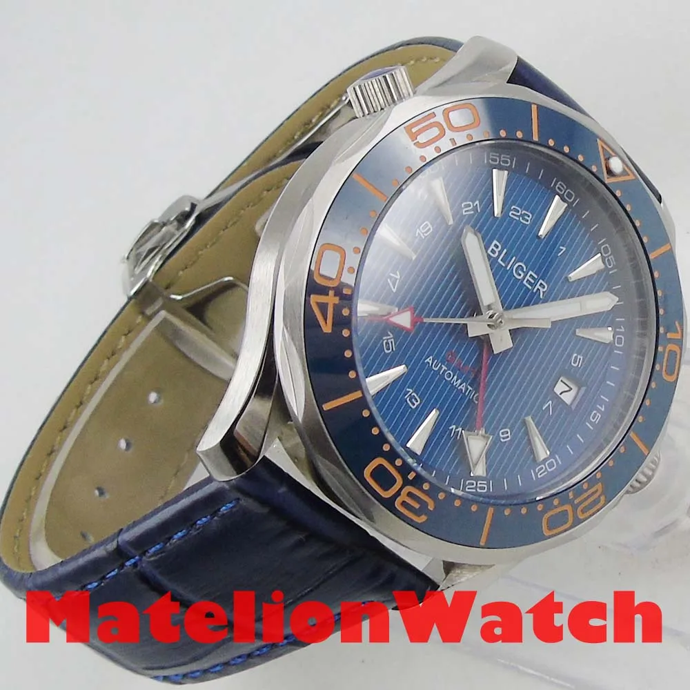 Новые 41 мм Bliger GMT оранжевые автоматические часы мужские роскошные механические водонепроницаемые с синим циферблатом и кожаным ремешком керамические светящиеся 940