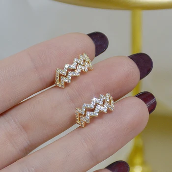 Korean 14K Real Gold Wavy Heartbeat Shape Clip Earring No Pierced Ear Clips AAA Zirconia CZ Earrings Wedding Bridal Jewelry