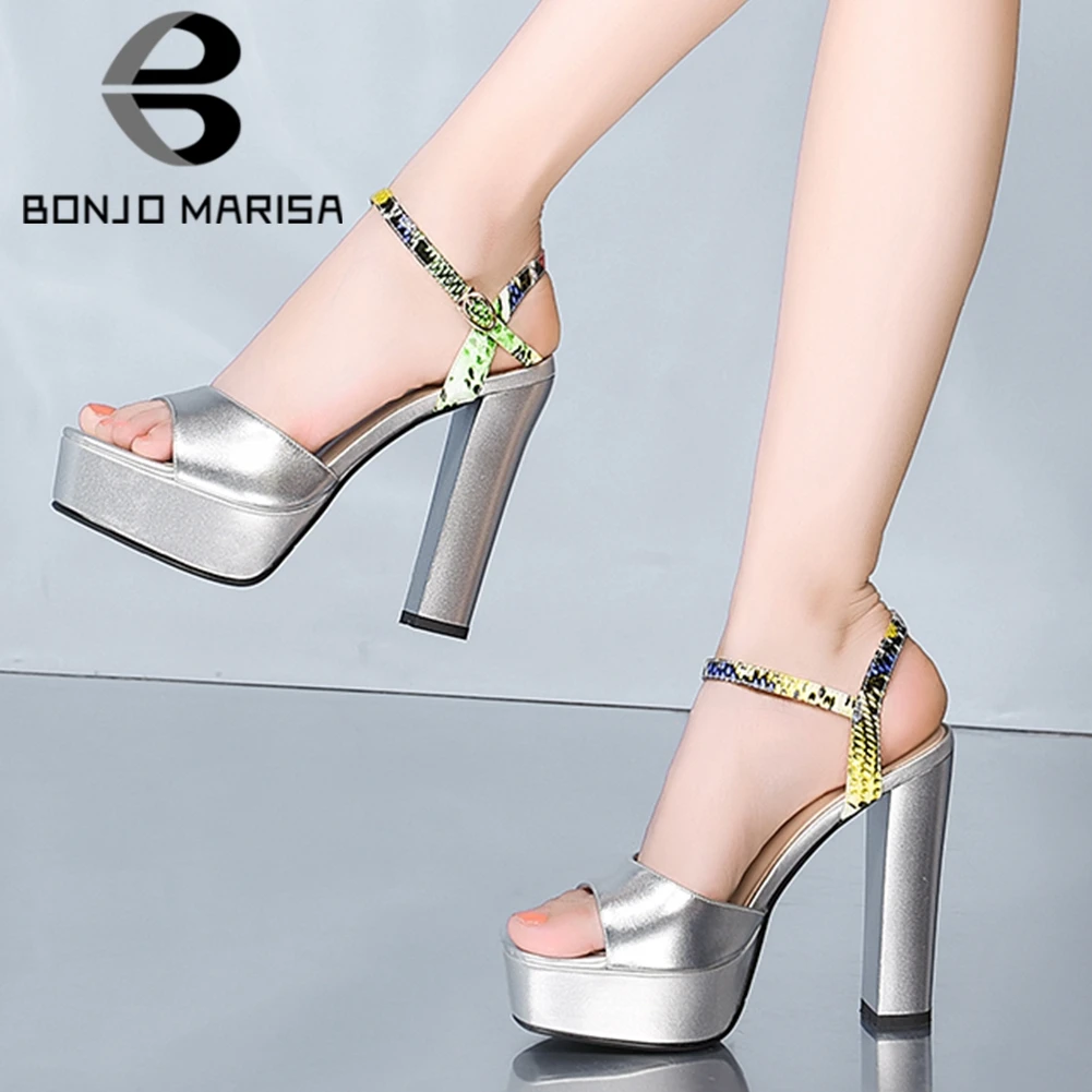 

BONJOMARISA Genuine Leather Designer Female Sandals Open Toe Metallic High Heels Snake Print Sandals Women Casual Shoes Woman