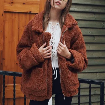 

Plus Size Women Thick Warm Faux Fur Lambswool Jacket Autumn Zipper Coat Turn-down Collar Pocket Casual Outerwear Hairy Overcoat