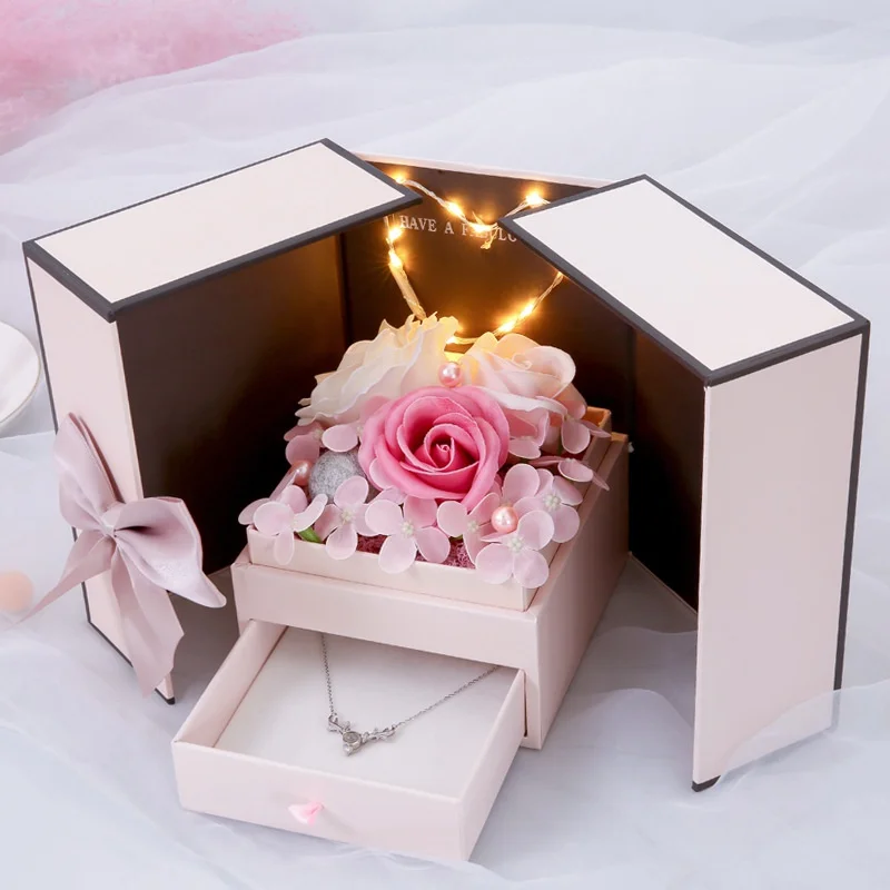 

Soap Flower Rose Artificial Flower With Lamp Multicolor Rose Wedding Flower Decoration Scrap Necklace Gift Box Carnation-