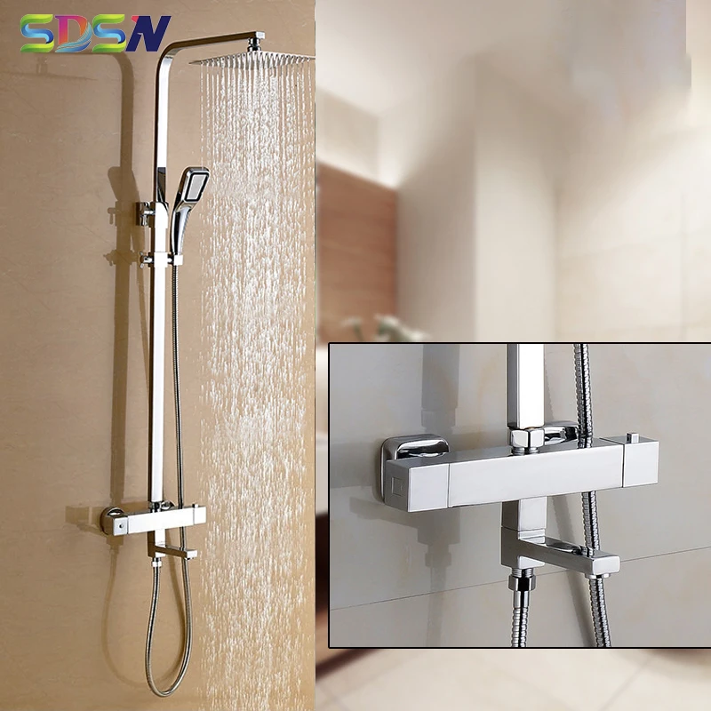 

SDSN Thermostatic Bathroom Faucets Polished Chrome Bath Shower Set Square Thermostatic Shower System Rainfall Bath Shower Head