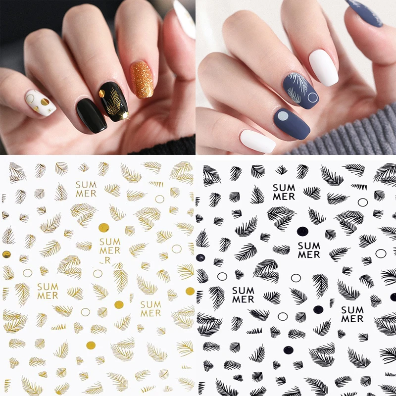 

1 sheet 3d DIY Nail Art Sticker Adhesive Sticker Decals Tool gold silver black withe leaves Nail Art Tattoo Decoration Z0236