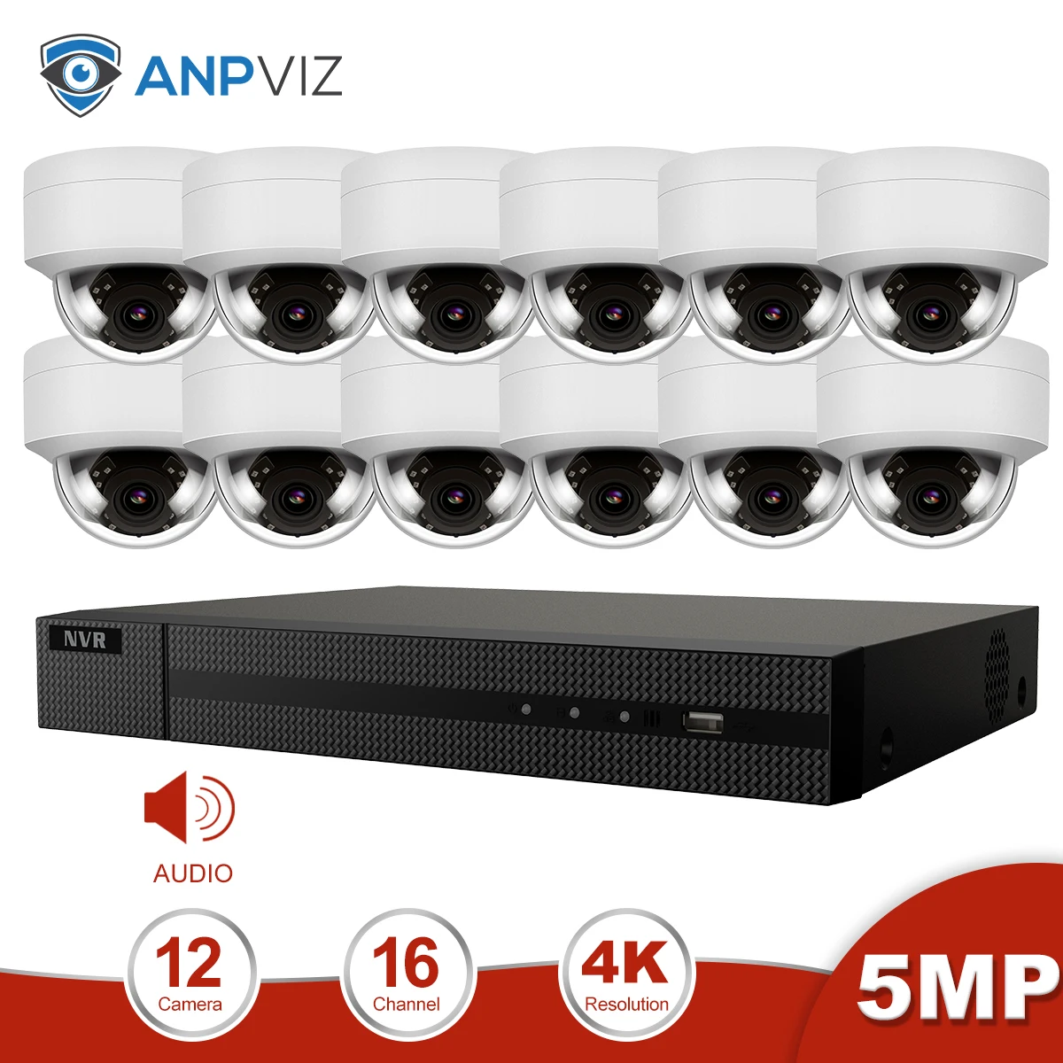 Anpviz 16CH 4K NVR 5MP купол аудио/4X Оптический POE Комплект ip-камеры для дома/улицы системы безопасности CCTV видеонаблюдение NVR комплект - Цвет: 12 Cams Audio Kit