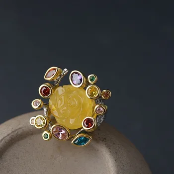 

FNJ Amber Rings 925 Silver Adjustable Size Open Popular S925 Solid Silver Ring for Women Jewelry Fine Yellow Stone Rose Flower