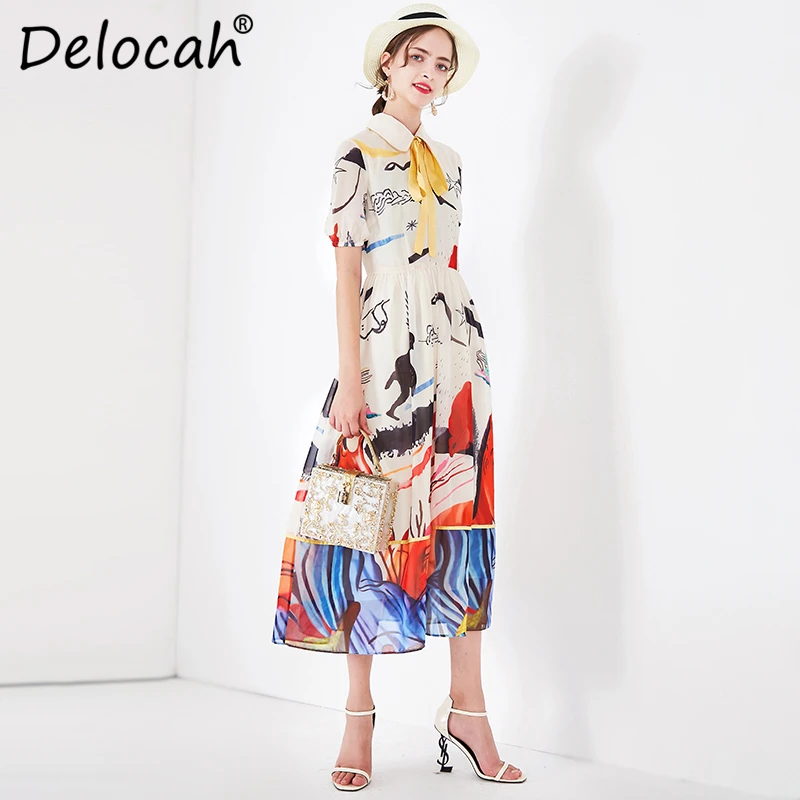 Delocah, женское платье, весна-лето, новое, подиумное, модное, дизайнерское, простое, с бантом, с принтом, элегантное, тонкое, для отдыха, для девушек, повседневные платья