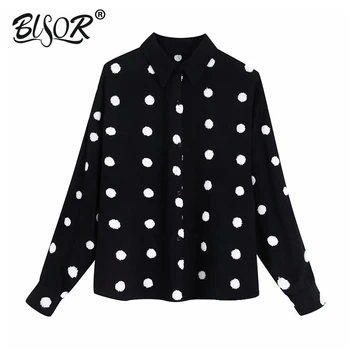 

Women sweet dots embroidery black blouse long sleeve turn down collar female office wear shirts casual loose tops blusas