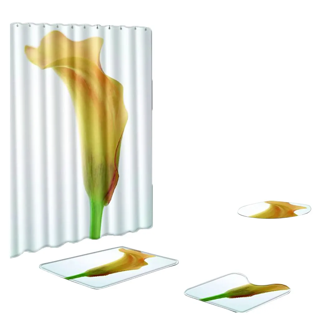 

4 Pcs Beautiful Flowers Pattern Non Slip Toilet Soft Polyester Cover Mat Set Bath Rug Set Bathroom Accessories Shower Curtain