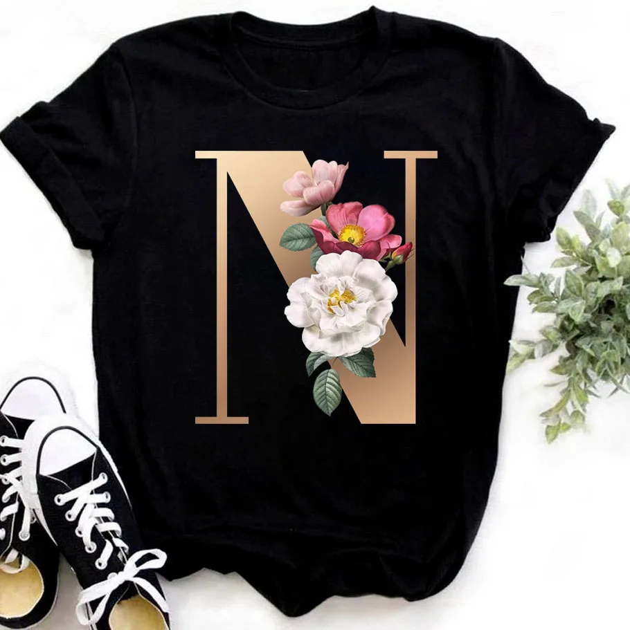 H86da5c3f438c46ea93b68aa74cdeaa2fd - Flower Letter Combination T-shirt