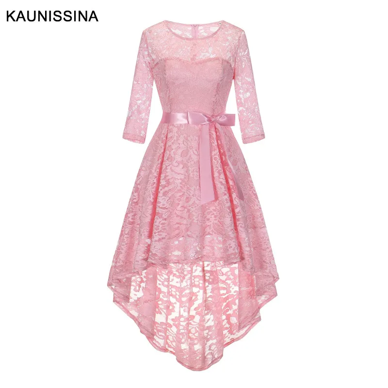 Pink KAUNISSINA асимметричное винтажное коктейльное платье трапециевидной формы с рукавом три четверти и круглым вырезом, платье для выпускного бала, кружевное платье - Цвет: Pink