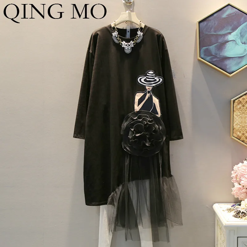 

QING MO Women Black Mesh Patchwork Dress Character Print Dress Women Full Sleeve Mid-Calf Dress 2019 Autumn ZQY1229
