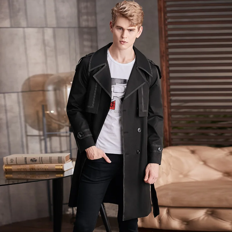 Wine red men Trench Coat Hesperian Style long windbreaker spring autumn color contrast fashion Handsome claret Overcoat