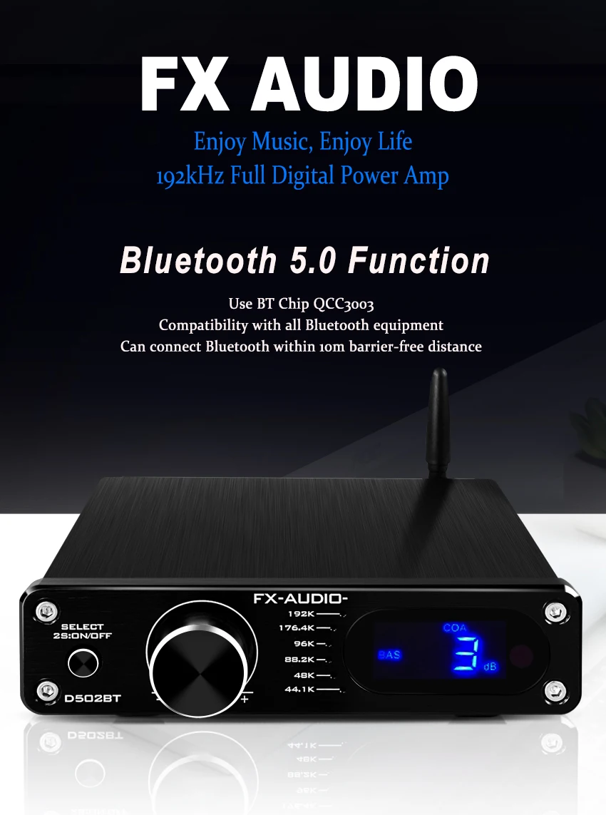 2020 FX-Audio New D502BT HiFi 2.1 Channel Digital Audio Power Amplifier 60W*2+Subwoofer Output QCC3003 Bluetooth Remote Control