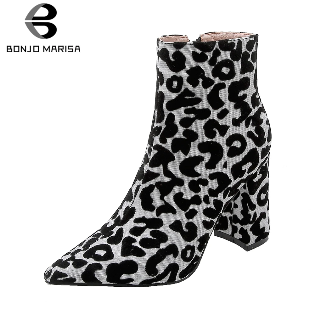 

BONJOMARISA New 32-43 Fashion Leopard Ankle Chelsea Boots Women 2020 Autumn Winter Warm Add Fur Shoes Woman Super High Heels