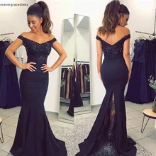Синее силуэт "Русалка" пикантное платье для выпускного с открытыми плечами кружева Формальные праздники одежда Выпускной вечернее платье плюс размер