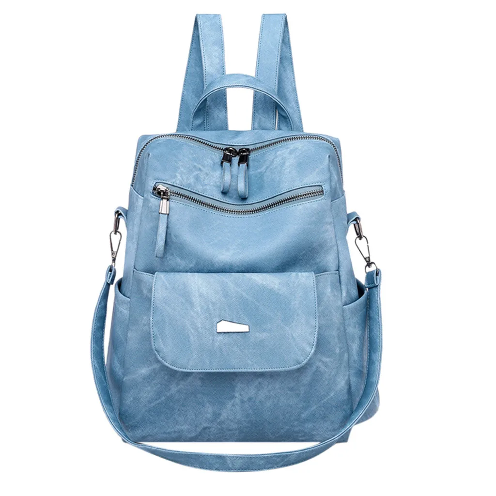 Рюкзак женский сумки на плечо открытый простой кожаный рюкзак на молнии сплошной цвет рюкзак для путешествий школьный рюкзак молодежный рюкзак - Цвет: Синий