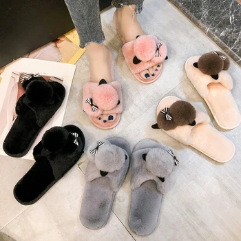 

Women Winter Slipper Short Plush Home Warm Thick Indoor Shoes Cute Cartoon Bow Fashion Flat Shoes Women Home Slippers