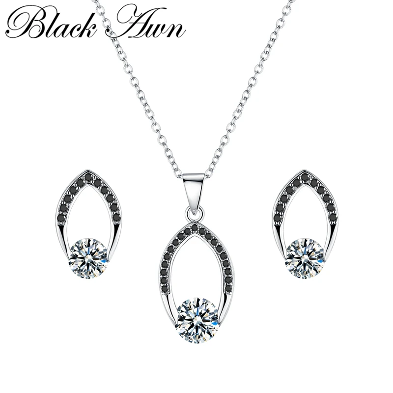 

BLACK AWN Vintage 925 Sterling Silver Jewelry Sets Engagement Women's Necklace Pendant Stud Earrings Set Z019