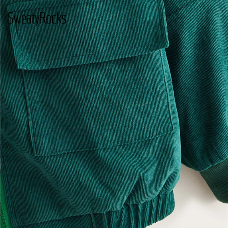 SweatyRocks, зеленая Вельветовая куртка с капюшоном и карманами на молнии, уличная одежда для женщин, осень, повседневные пальто и куртки