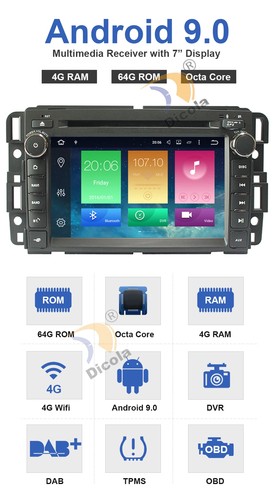 Sale 7" IPS HD Octa Core 4G+64G Android 9 Car DVD for GMC Yukon Sierra Chevrolet Chevy Tahoe Suburban Car DVD GPS Stereo Radio Nav 3