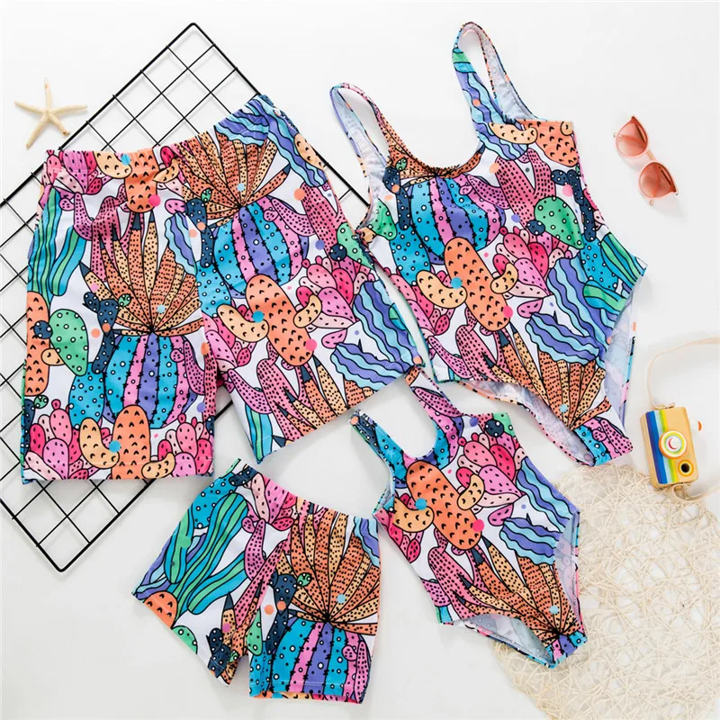 Family Matching Swimwear Outfits Bikini Look Dress Shorts Trunks Cactus Boys Men