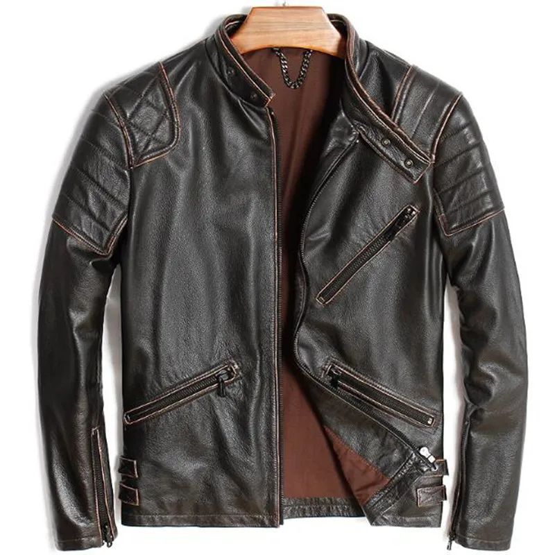 

Winter Real Genuine Leather Jacket Men Motorcycle Casual Cowhide Motor Leather Coat Slim Brand Brown jaqueta de couro masculino