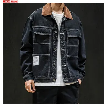 

Dropshipping Autumn Pocket Patchwork Male Demin Coat Streetwear Causal Jeans Jacket Cotton Outwear Male Demin Lapel Coat