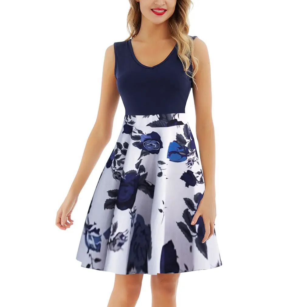 

Summer Casual All-match style Women Zipper Dress Knee-Above Length Sleeveless Defined Waist V-neck Fashion Print Dress